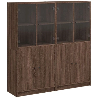 Image of vidaXL Brown Oak Bookcase with Glass Doors Engineered Wood Bookshelf/Cabinet for Living Room/Office Storage, Modern Design 16 Compartments