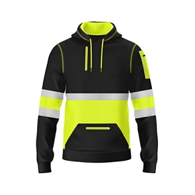 Image of trending babz Mens Hi Viz Visibility Safety Reflective Tape Pullover Fleece Hoodie 3 Zipper Pockets Contrast Sweatshirt Work Wear S 2XL (S, Yellow Blk)