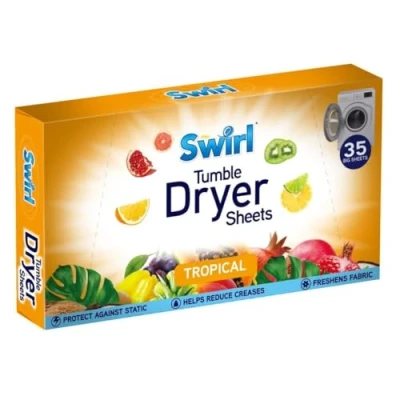Image of Swirl Tumble Dryer Sheets with Long Lasting Tropical Fragrance, 35 Big Eliminates Static Cling &amp; Softens Clothes In Laundry Machine