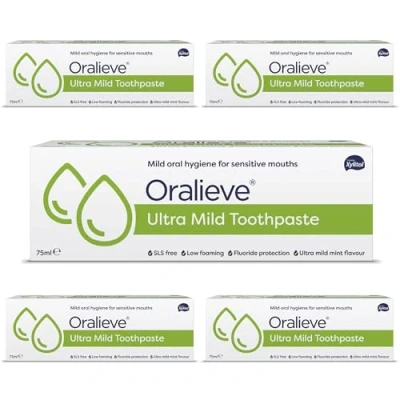 Image of Oralieve Ultra Mild Toothpaste, Dry Mouth Suitable for Sore and Sensitive Mouths, Mint Flavour, 1450ppm Fluoride, SLS Free, 75ml, 5 Pack