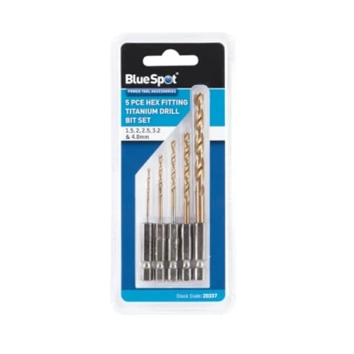 Image of Blue Spot Tools 5PCE Titanium Coated Hex Fitting Drill Bit Set, 1/4&quot; Hex, Sizes 1.5, 2, 2.5, 3.2, 4.8mm