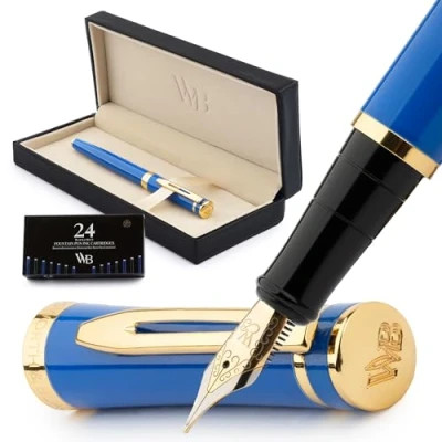 Image of Wordsworth &amp; Black Fountain Pen Set, Medium Nib, Includes 24 Ink Cartridges and Refill Converter, Gift Case, Journaling, Calligraphy, Smooth Writing Pens [Imperial Blue], Perfect for Men Women