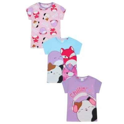 Image of Squishmallows Girls 3 Pack Kids T Shirts Childrens Multipack Tshirt (10 11 Years) Multicoloured