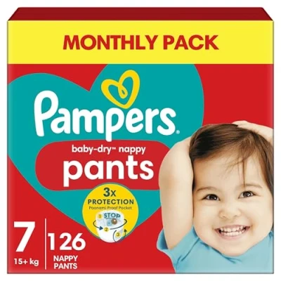 Image of Pampers Baby Dry Nappy Pants Size 7, 126 Nappies, 17kg+, Monthly Pack, 360 Fit To Help Prevent Gaps And Leaks