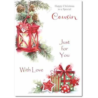 Image of doodlecards Cousin Christmas Card Lamp and Parcels Medium Size with Plain Red Envelope, 21 x 15cm