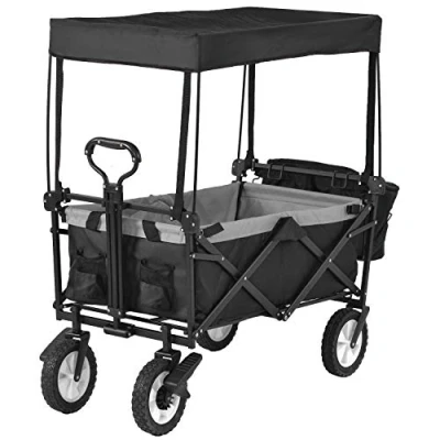 Image of Garden Cart Wagons Foldable Pull Wagon with Romovable Canopy Trolley 4 Wheels (Black) 150KG Capacity