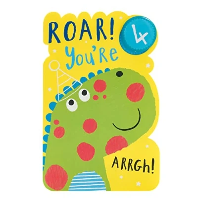 Image of UK Greetings 4th Birthday Card For Him/Boy With Envelope &amp; Badge Cute Dinosaur Design
