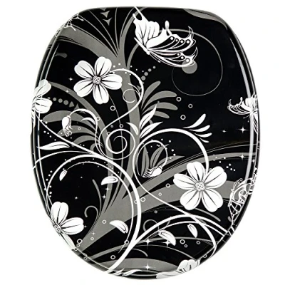 Image of Sanilo Soft Close Toilet Seat, Stable Hinges, Easy to Mount, Wooden Seat White Flower