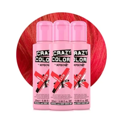 Image of Crazy Color Vibrant Fire Semi Permanent Trio Hair Dye. Highly Pigmented Pillarbox Red Conditioning &amp; Oil Nourishing Vegan Formula No Bleach or Ammonia 300ml