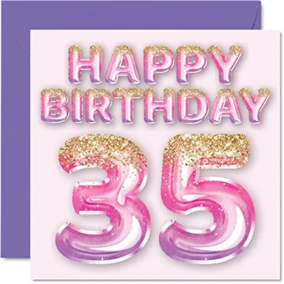 Image of 35th Birthday Card for Women Pink &amp; Purple Glitter Balloons Happy Cards 35 Year Old Woman Friend Sister Mum Auntie, 145mm x Thirty Five Fifth Bday Greeting Gift