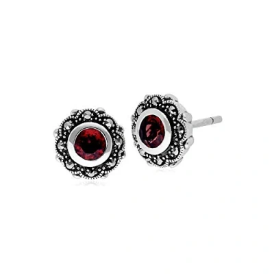 Image of Gemondo Sterling Silver Garnet &amp; Marcasite Art Nouveau Floral Stud Earrings