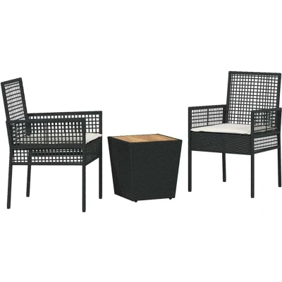 Image of vidaXL 3 Piece Garden Bistro Set with Cushions Black Poly Rattan