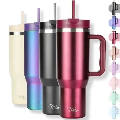 Image of Milu 40oz Tumbler with Straw and Handle (1.2L) 48h ice / 24h Cold 12h hot Stainless Steel Travel Mug Lid Insulated Water Bottle Cup to go Gift for Women Men (Berry)