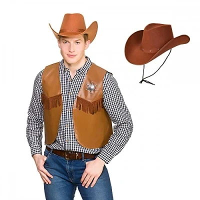 Image of Adult Unisex Brown Cowboy Waistcoat + Texan Hat : Sheriff Cowgirl Wild West Rodeo Fancy Dress Costume