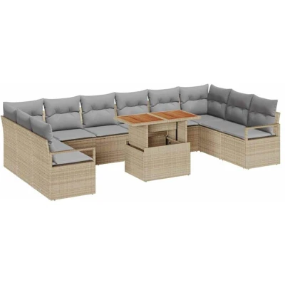 Image of vidaXL 11 Piece Garden Sofa Set with Cushions Beige Poly Rattan Acacia