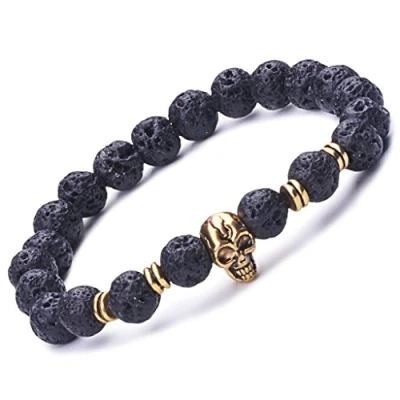 Image of Infinite U Cool Unisex Womens Mens Skull Bracelet 9mm Beads Wrist Mala Alloy Lava Stone Stretch Bracelet, Therapy Yoga Meditation, Black Gold