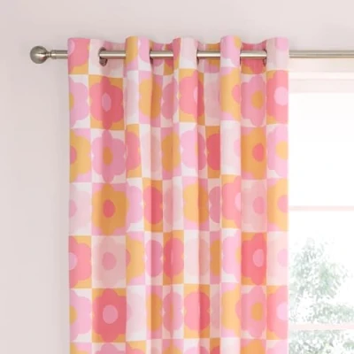 Image of Catherine Lansfield Retro Daisy 66x72 Inch Fully Reversible Eyelet Curtains Two Panels Pink