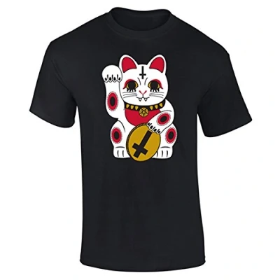 Image of Mens Lucky Cat Chinese Tattoo Style T Shirt Black (L)