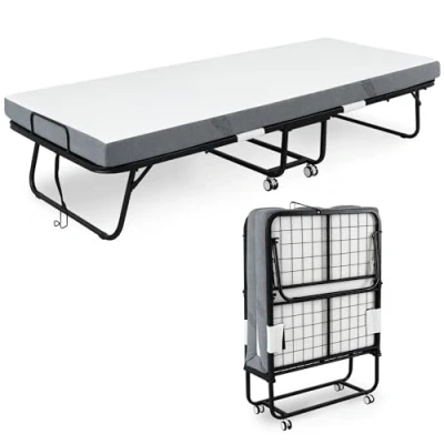 Image of HOMCOM Folding Bed with 10cm Mattress, Portable Foldable Guest Sturdy Metal Frame on Wheels