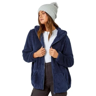 Image of Roman Hooded Sherpa Fleece Jacket for Women UK Ladies Autumn Everyday Winter Holiday Long Sleeve Soft Zip Front Comfy Pocket Detail Feel Daywear Coats Midnight Blue Size S