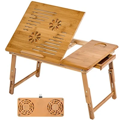 Image of tectake® Folding Laptop Desk Made of Bamboo, Height Adjustable Tablet Bed Tray 55x35cm, Incl. Cooling Fan, Drawer &amp; Cup Holder