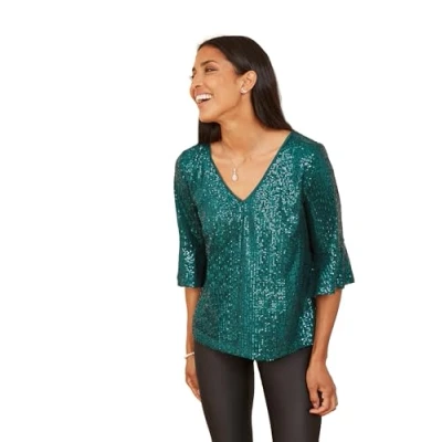 Image of Yumi Green Sequin Top with Fluted Sleeve 12 UK