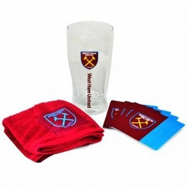 Image of West Ham United Official Pint Glass, Coaster &amp; Bar Towel Mini Set