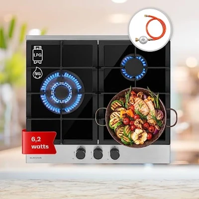 Image of Klarstein Gas Cooker, 3 Burners Hob, 6.2 kW Built In Three Ring Electric Campervan Cooktops Cookers, Stainless Steel Glass Top Wok Burner, Kitchen Stoves Cooker Units