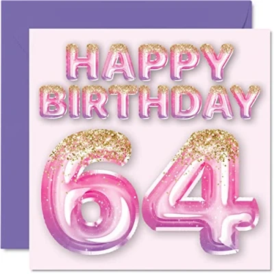 Image of 64th Birthday Card for Women Pink &amp; Purple Glitter Balloons Happy Cards 64 Year Old Woman Mum Nanny Grandma Gran Auntie, 145mm x Sixty Four Fourth Bday Greeting Gift