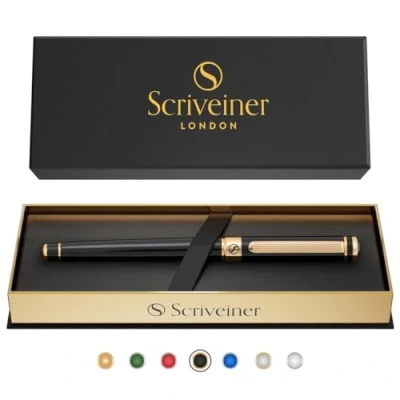 Image of Scriveiner Black Lacquer Rollerball Pen Stunning Luxury with 24K Gold Finish, Schmidt Ink Refill, Best Gift Set for Men &amp; Women, Professional, Executive Office