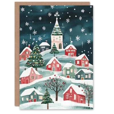 Image of Wee Blue Coo Festive Hill Town Winter Trees Fun Xmas Art Blank For All Christmas Card