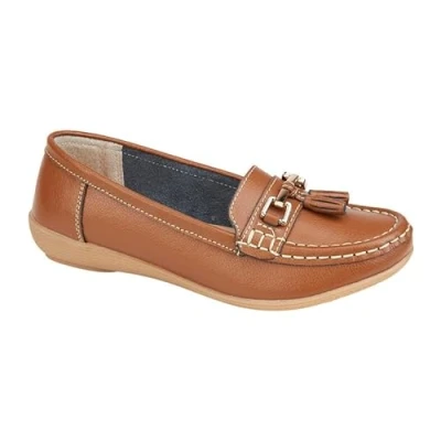 Image of Jo &amp; Joe Women Leather Flat Loafer Ladies Casual Comfy Slider Low Wedge Heel Work Shoes Tan Size 6
