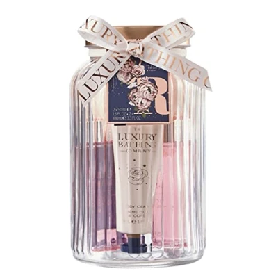 Image of The Luxury Bathing Company Fascination Glass jar containing 50ml Body Cream,50ml Hand &amp; Nail Cream,100ml Bottle Foam Bath,100ml Wash and a 30g Polisher Blue