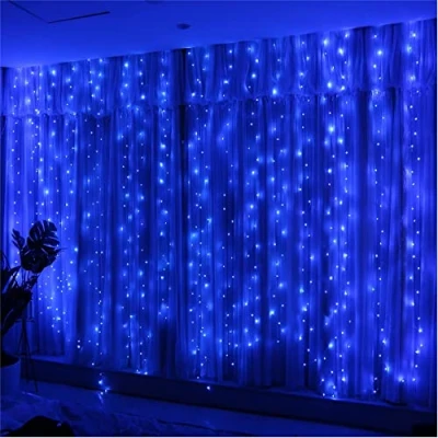 Image of HXWEIYE 300LED Blue Fairy Curtain Lights, 3mx3m USB Powered 8 Modes Window String Lights with Remote Timer Adjustable Brightness for Bedroom, Indoor, Outdoor, Weddings, Party, Decorations