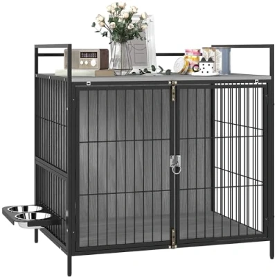 Image of PawHut Dog Crate Furniture with 2 Rotatable Bowls, End Table Anti Escape Doors, Storage Shelf, for Medium Dogs, 80 x 56 76.5 cm, Grey