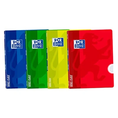 Image of Oxford, A4 Stapled Notebooks, 4 x Grid, Plastic Cover, 48 Sheets, Pack of Notebooks without Spiral, Random Colours