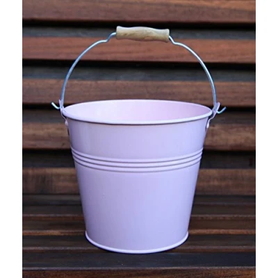 Image of 16CM METAL TIN HERB FLOWER BUCKET WITH WOODEN HANDLE POT PLANTER SWEET TREE (light pink)