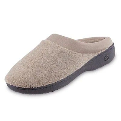 Image of isotoner Women&#039;s Terry and Satin Slip on Cushioned Slipper with Memory Foam for Indoor/Outdoor Comfort Flat Sandals, Stone, 5.5/6 UK