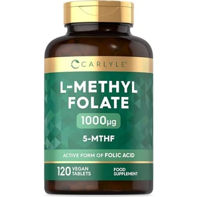 Image of L Methlyfolate 1000ug 120 Vegan Tablets (4 Months Supply) Active Form of Folic Acid 5 MTHF No Artificial Preservatives by Carlyle