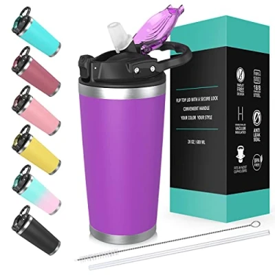 Image of Travel Mug with Lid and Straw 20oz, Vacuum Insulated Coffee Tumbler Cup,Stainless Steel Tumbler, Double Wall Splash Proof Lid, Keep Tea Hot Cold (Purple)