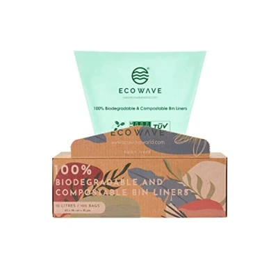 Image of ECO WAVE 100% Biodegradable and Compostable Bin Liners, 10 litres, 100 Bags, EN 13432 Certified