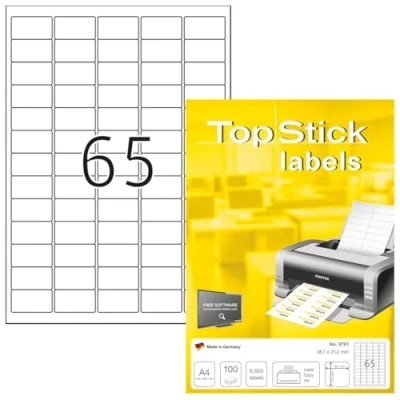 Image of TopStick Self Adhesive Address Labels, 65 Labels per A4 Sheet, 100 Sheets, 38.1 x 21.2 mm, 6500 Blank Mailing Stickers, Sticky for Laser &amp; Inkjet Printer, White