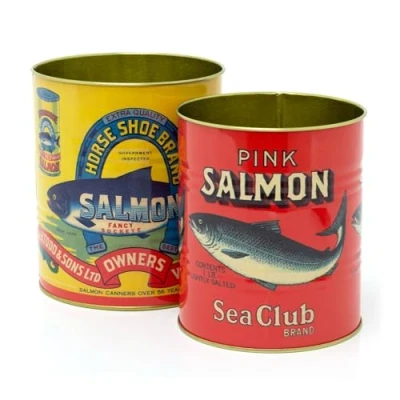 Image of Carousel Home Set Of 2 Retro Style Vintage Salmon Storage Tins Piece Replica Food Decorative Tinned Fish Cans Metal