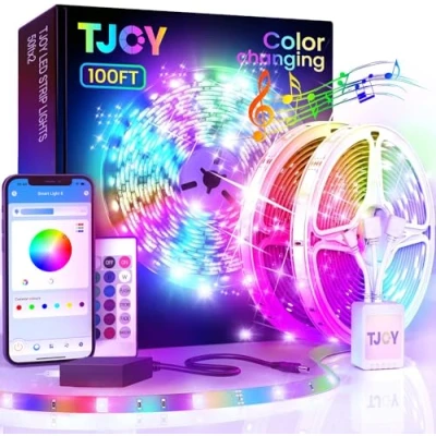 Image of TJOY 100ft Bluetooth LED Strip Lights, Music Sync Lights Strip, RGB Color Changing with Remote,Smart Phone APP Control, for Bedroom,TV,Room DIY (APP+Remote +Mic)