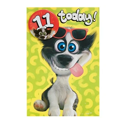 Image of UK Greetings 11th Birthday Card For Him/Boy with Envelope Cartoon Dog Design Badge