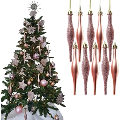 Image of UKDeals Direct® ROSE GOLD COLLECTION CHRISTMAS DROPLET BAUBLES TREE DECORATIONS GLITTER MATT ICICLES (Pack of 10 Droplets 120mm)