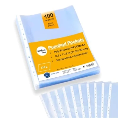 Image of perfect line 100 Poly Pockets DIN A4 Punched Plastic Sleeves for Paper Sturdy Premium Clear Sheets, Transparent, Crystal Clear, Smooth, Extra Strong, Made in EU