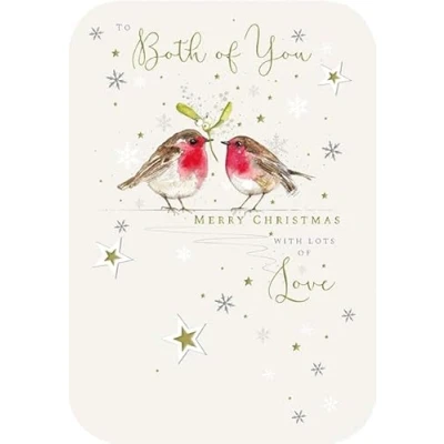 Image of Noel Tatt Both of You Christmas Card Robins and Mistletoe Embossed with Foil Die Cut Details Eco Friendly Recyclable