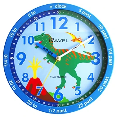 Image of Ravel Children&#039;s 25cm Time Teacher Wall Clock R.KC.11 Analogue Quartz Blue Dinosaur/Blue Dial
