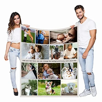 Image of Haisimiery Personalised Photo Fleece Blanket Customized Throw with Picture Birthday Wedding Gift for Adult Baby Pet (12 photos, 50x60 (120x150cm))